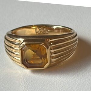 Joan Rivers Gold Tone Ribbed Emerald Cut Citrine Crystal Statement Ring Size 7.5